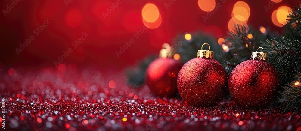 Poster festive christmas ornaments and fir branches on a vibrant red background with sparkling lights creat