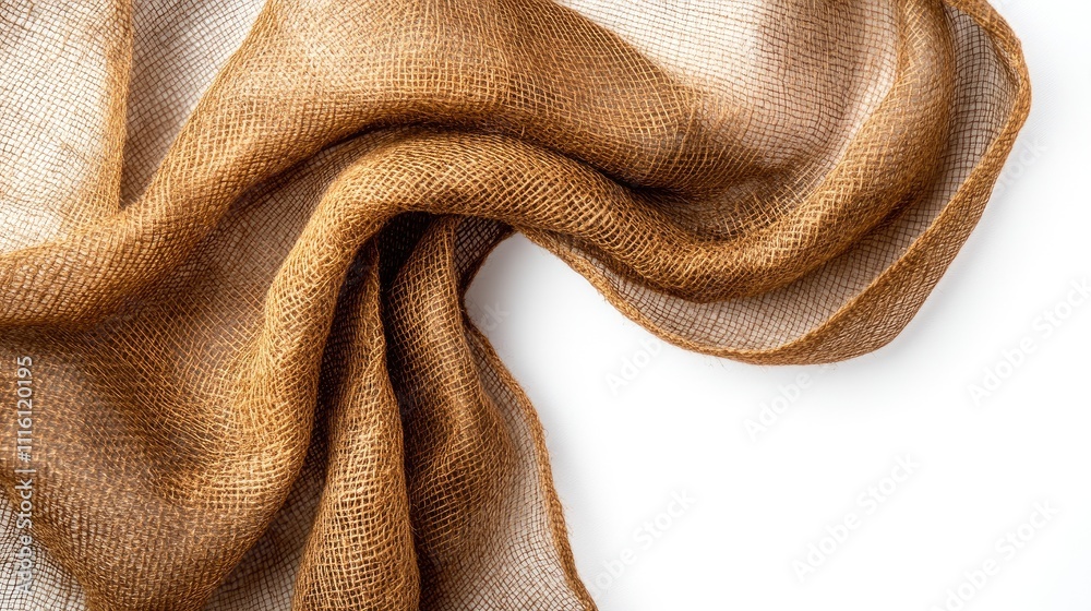 Aufkleber Close-up of textured brown burlap fabric on a white background showcasing natural wrinkled patterns and fibers for design or textile use