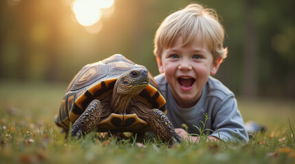 Boy Kid Child with His Pet Tortoise