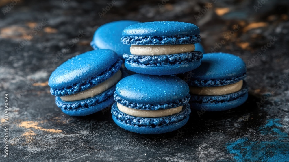 Poster blue macarons delicately arranged on a dark textured background showcasing their vibrant color and e