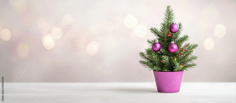 Poster christmas tabletop tree decorated with lilac ornaments set against a soft white backdrop with festiv