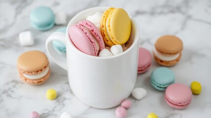 Fototapeta premium Sweets display of colorful macarons and marshmallows arranged in a white porcelain vase on a light marble surface