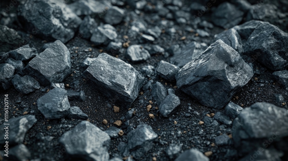 Poster Close up of various construction debris featuring different types of rocks and bricks on a gritty surface suitable for industrial themes