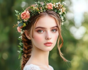 Naklejka premium Elegant side braid for a young bride, adorned with tiny flowers, isolated, hair young bride, charming and natural