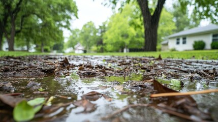 Ponding water on flat roof with tree debris after heavy rain indicating a potential drainage issue and landscape maintenance concern
