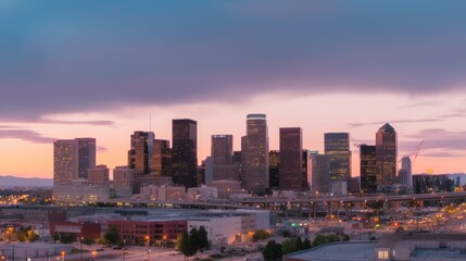 Fototapeta premium City skyline at sunset, urban landscape with skyscrapers and buildings.