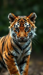 Fototapeta premium Majestic tiger poses confidently in a lush forest during the early morning light