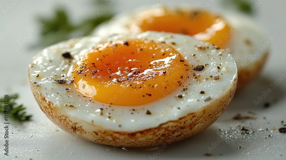 Poster boiled egg halves with vibrant yolks and seasonings on a white background ideal for breakfast or cul