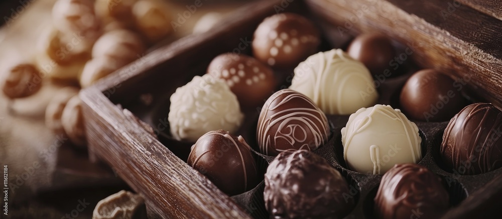 Poster Assorted gourmet chocolate eggs and candies displayed in a rustic wooden box on a textured background