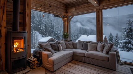 Luxurious mountain cabin living room with wooden walls, classic fireplace, and snowy forest views
