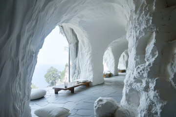 White Cozy and futuristic living room carved into rock, featuring fireplace, skylight, and minimalist furniture