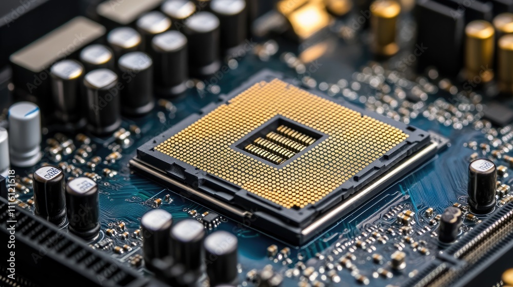 Poster Central processing unit CPU on circuit board highlighting semiconductor technology and industrial competition in modern tech landscape