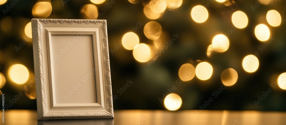 Poster elegant white photo frame on a table with soft christmas lights creating a warm, inviting ambiance p