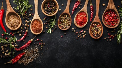 Flat lay of colorful spices and herbs on dark textured background