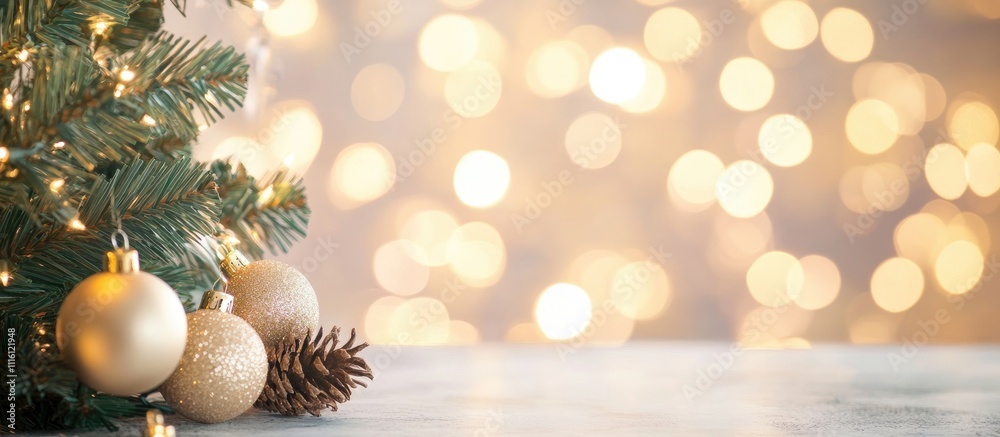 Poster festive holiday scene with blurred bokeh background, sparkling ornaments, and pine branches creating