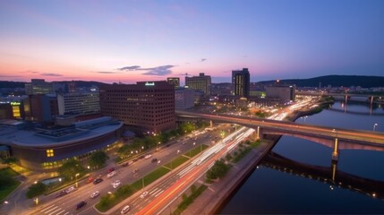 Obraz premium Cityscape at twilight with traffic light trails on a bridge over a river.