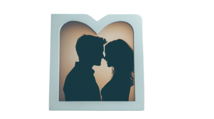 Couple kissing silhouette in white frame with transparent background