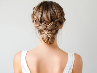 Fototapeta premium Braided crown hairstyle for a young bride with a soft, romantic finish, isolated, hair young bride, charming and graceful