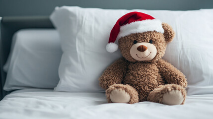 Fototapeta premium Teddy Bear sit on the bed, holiday hideaway festive moment. Good night message