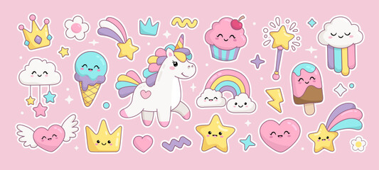 Obraz premium Cute Kawaii Pony Unicorn with funny rainbow desserts, cupcakes and ice cream characters. Hand drawn Cartoon kawaii style Happy Birthday elements collections. Pastel soft colors vector illustration 