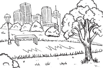 hand drawn graphic white black Urban Nature, Green Trees and Shrubs in City Environment