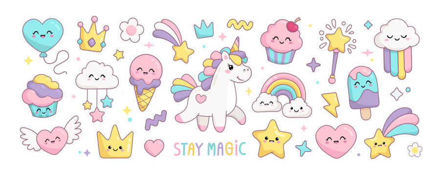 Naklejki Cute Kawaii Baby Unicorn with funny rainbow desserts, cupcakes and ice cream characters. Hand drawn Cartoon kawaii style Happy Birthday stickers. Princess crown. Pastel soft colors vectors 