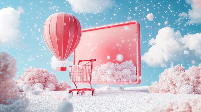 background featuring a 3D red e-commerce promotional product display stand against an urban architectural backdrop. The scene includes a transparent glass protective film covering the technology exhib