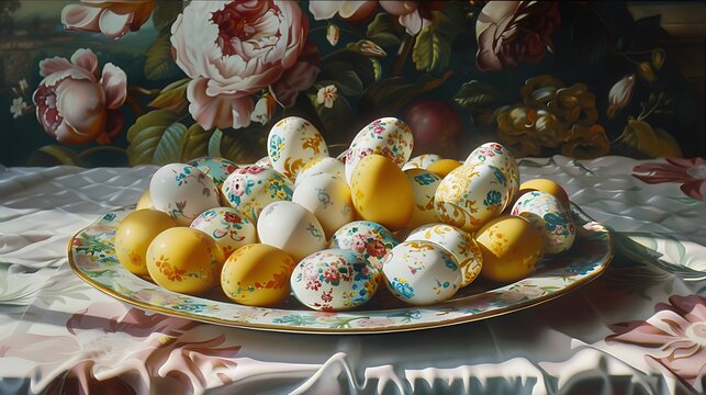 A close up of a platter covered in eggs set upon a tablecloth
