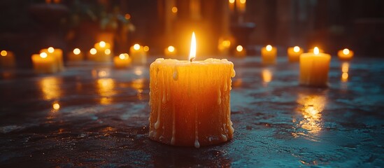 Romantic ambiance created by multiple flickering candles in a dark setting illuminating a serene atmosphere with warm glow and reflections