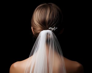 Elegant updo with a veil pinned by a crystal comb for a young bride, isolated, hair young bride, charming and sophisticated