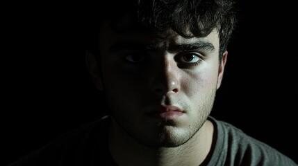 Dramatic Portrait of a Young Man in Low Light with a Black Background Showcasing Intense Expression and Contrast in Features