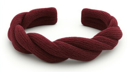 Handmade red wool headband with a braided design, set against a clean white background, fashion accessory, unique craftsmanship, elegant style.