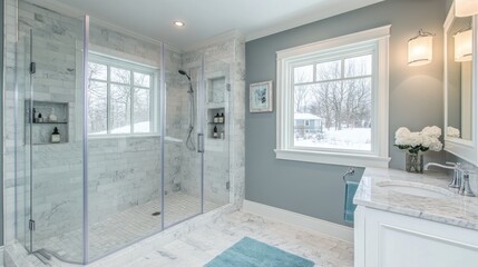 Elegant and Spacious Bathroom with Marble Tile and Large Window