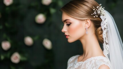 Fototapeta premium Elegant updo for a young bride with a lace veil and pearl hairpins, isolated, hair young bride, charming and bridal