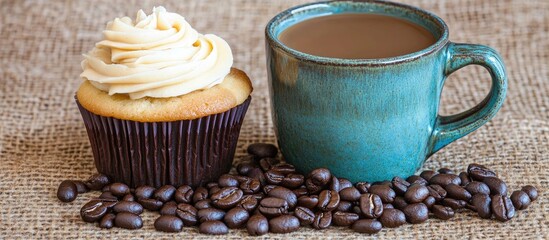 Freshly baked cupcake and coffee mug on burlap with coffee beans, perfect for a cozy coffee break or dessert promotion.