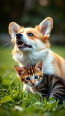 Happy corgi and playful kitten enjoying a sunny afternoon in a lush green garden