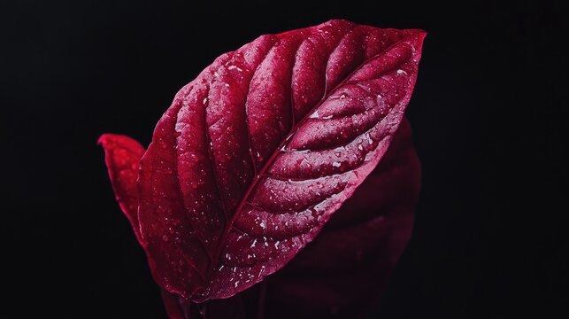 Vibrant red jatropha leaves glistening with water droplets against a dark background showcasing nature's beauty and detail.