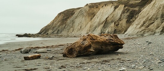 Serene coastal landscape featuring a driftwood log on a rocky beach with dramatic cliffs under a cloudy sky during summer.