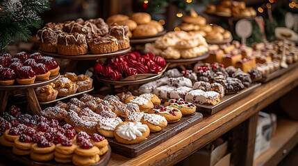 A festive holiday bakery display with gingerbread cookies, yule logs, and other Christmas treats arranged on a decorated counter 
