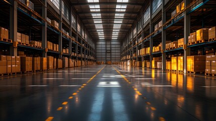 Fototapeta premium Vast warehouse interior with stacked boxes, illuminated by natural light.