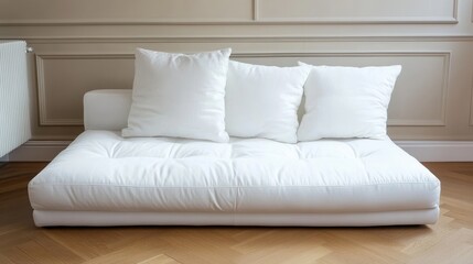 Elegant White Futon Sofa with Cushions in a Classic Interior Setting
