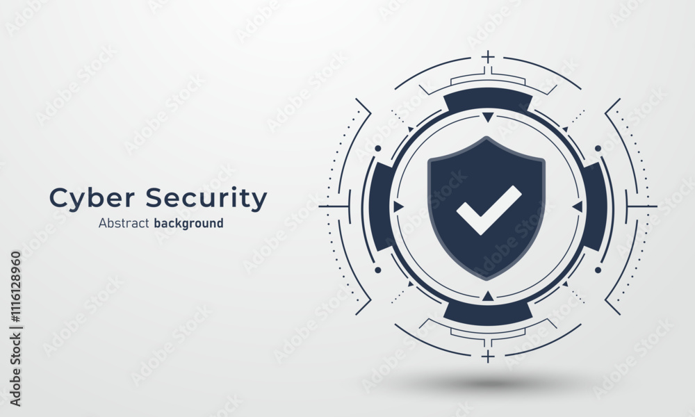 Poster Concept of cybersecurity and network protection. Shield with Check mark icon on hi-tech HUD circles on a background. Secure technology. Vector illustration.