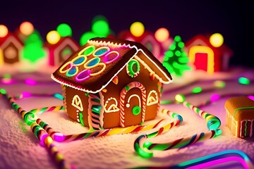 A festive neon gingerbread house outlined in colorful glowing lines, surrounded by neon candy canes, gumdrops, and a glowing path.