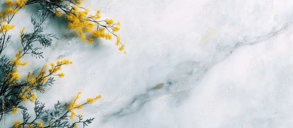 Poster mimosa flowers elegantly arranged on a marble surface creating a fresh spring background with ample 