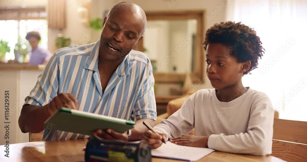 Poster Dad, boy and homework on tablet in home with research for school project and assignment. Black family, parent and teaching kid with help on internet with information for child development and growth