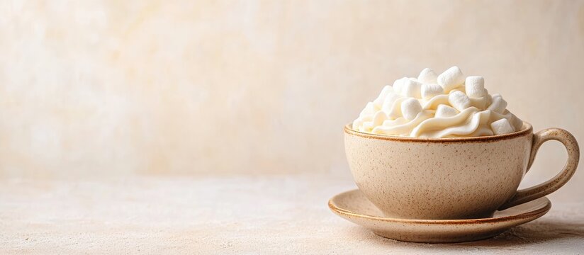 Creamy whipped topping and mini marshmallows in a rustic ceramic cup on a light background inviting warmth and comfort in every sip