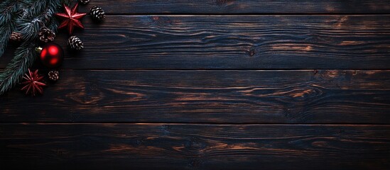 Christmas themed wooden background with decorative elements for text overlay and festive atmosphere creating a warm holiday vibe