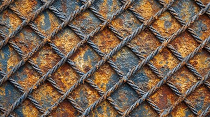 Rusty steel welded wire mesh background with corrosion and wear suitable for construction and building materials applications in foundations.
