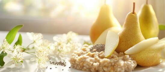 Healthy oat porridge with fresh pears and chia seeds for a nutritious breakfast in a serene floral setting with soft natural light