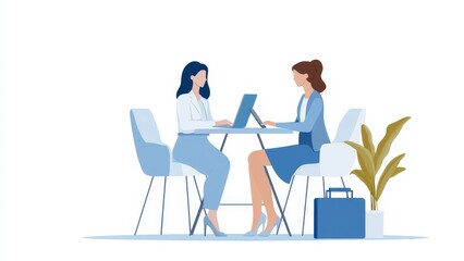 insurance premium travel concept, Two women engage in a professional discussion at a modern table, working on laptops in a bright, minimalist office environment.